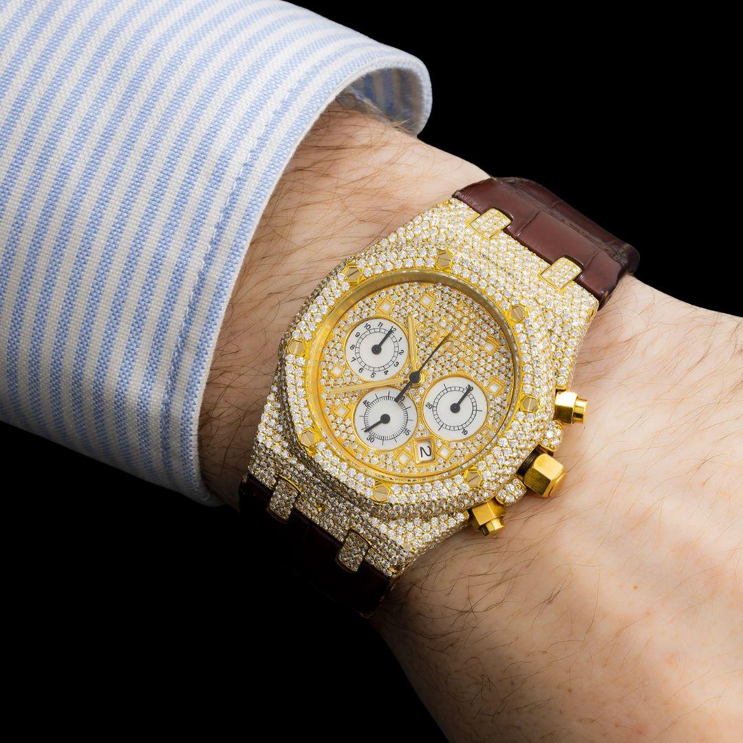 AP Royal Oak Diamond Markers Chronograph Dial Semi Iced Out Leather Strap Watch On Wrist View