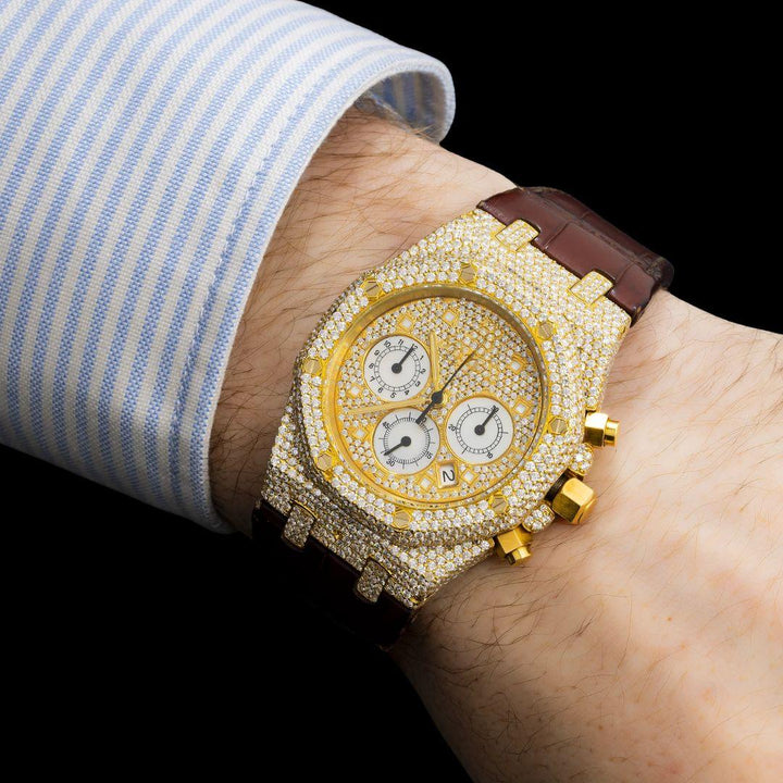 AP Royal Oak Diamond Markers Chronograph Dial Semi Iced Out Leather Strap Watch On Wrist View