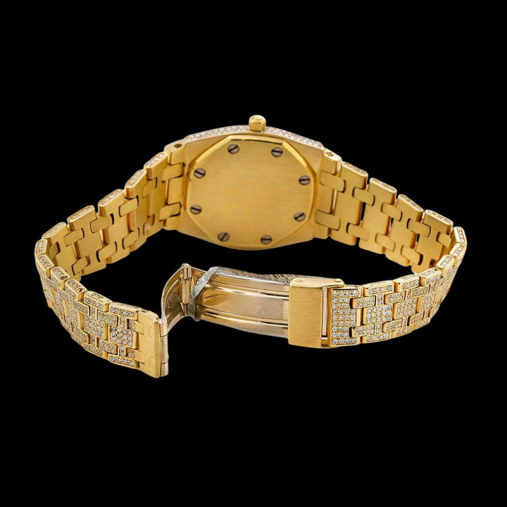 AP Royal Oak Diamond Markers White Dial Fully Iced Out Yellow Gold Moissanite Watch Caseback View