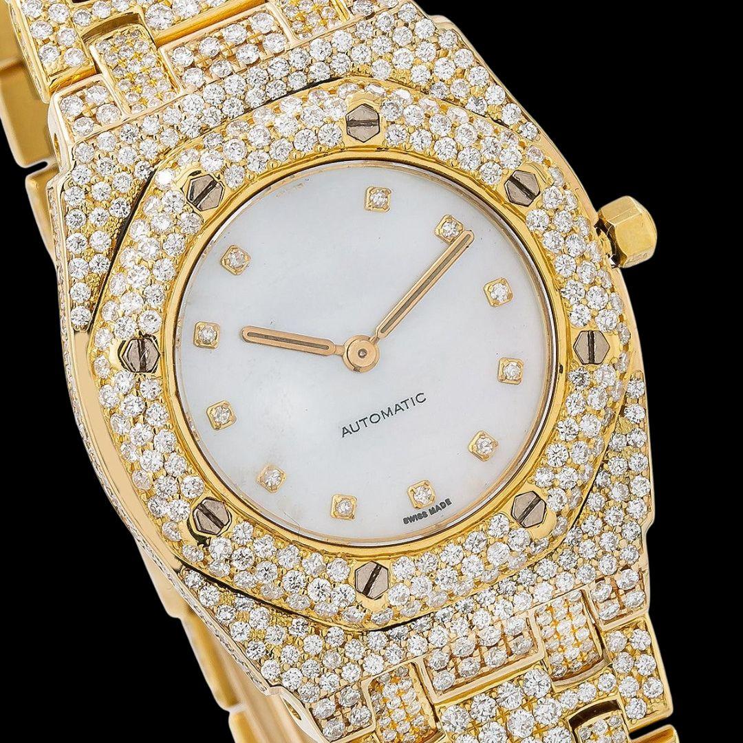 AP Royal Oak Diamond Markers White Dial Fully Iced Out Yellow Gold Moissanite Watch Close Up Dial View
