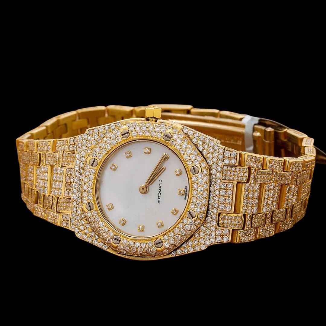 AP Royal Oak Diamond Markers White Dial Fully Iced Out Yellow Gold Moissanite Watch Close Up Front View