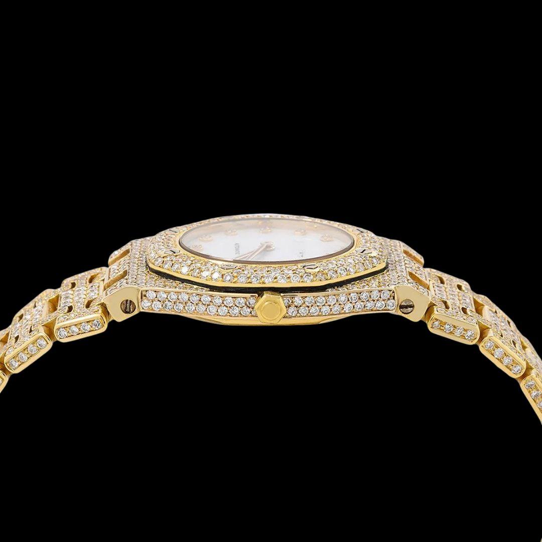 AP Royal Oak Diamond Markers White Dial Fully Iced Out Yellow Gold Moissanite Watch Crown View