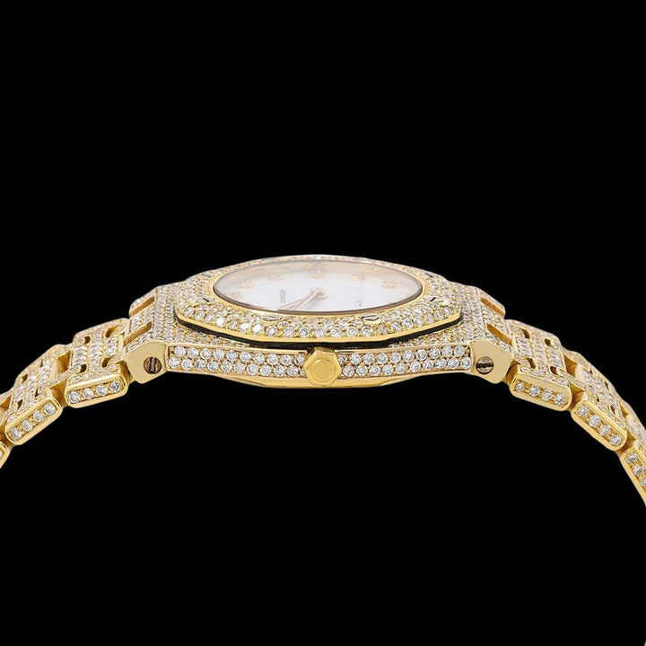 AP Royal Oak Diamond Markers White Dial Fully Iced Out Yellow Gold Moissanite Watch Crown View