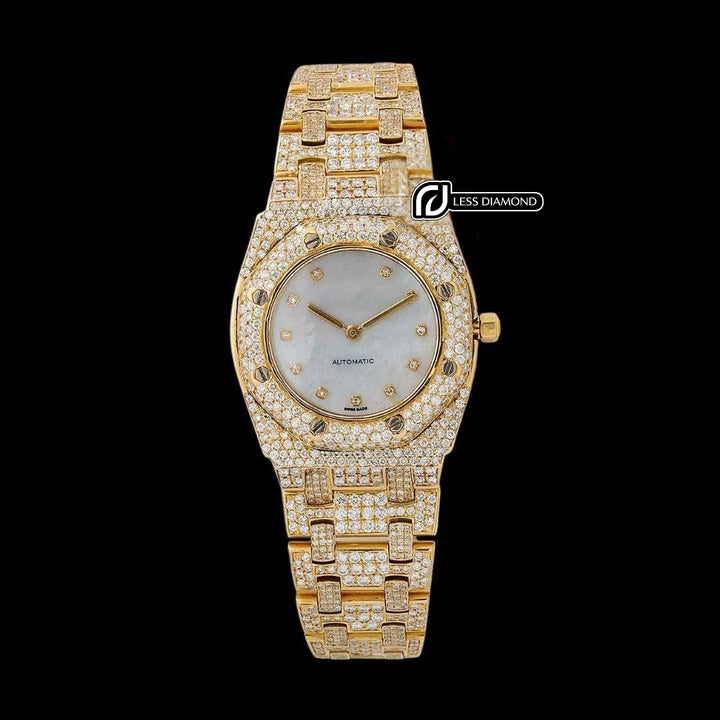 AP Royal Oak Diamond Markers White Dial Fully Iced Out Yellow Gold Moissanite Watch Front View