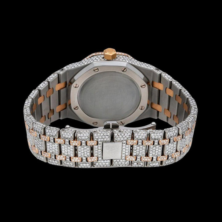 AP Royal Oak Moonphase White Dial Stick Markers Two Tone Rose Gold Moissanite Watch Caseback View