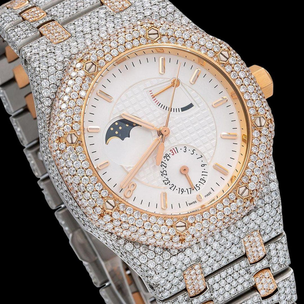AP Royal Oak Moonphase White Dial Stick Markers Two Tone Rose Gold Moissanite Watch Close Up Dial View