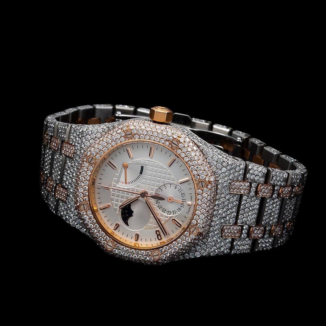 AP Royal Oak Moonphase White Dial Stick Markers Two Tone Rose Gold Moissanite Watch Close Up Front View