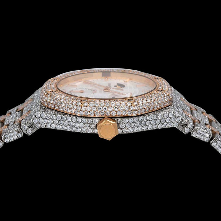 AP Royal Oak Moonphase White Dial Stick Markers Two Tone Rose Gold Moissanite Watch Crown View