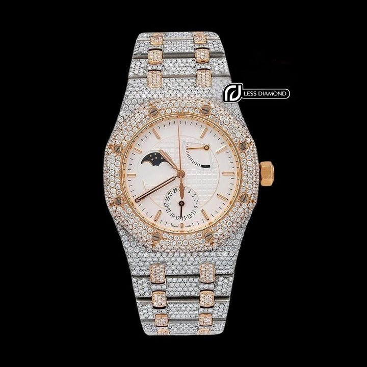 AP Royal Oak Moonphase White Dial Stick Markers Two Tone Rose Gold Moissanite Watch Front View
