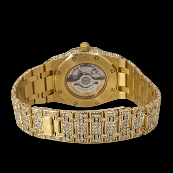 AP Royal Oak Mother of Pearl Dial Diamond Markers Fully Iced Out Rose Gold Moissanite Watch Caseback View