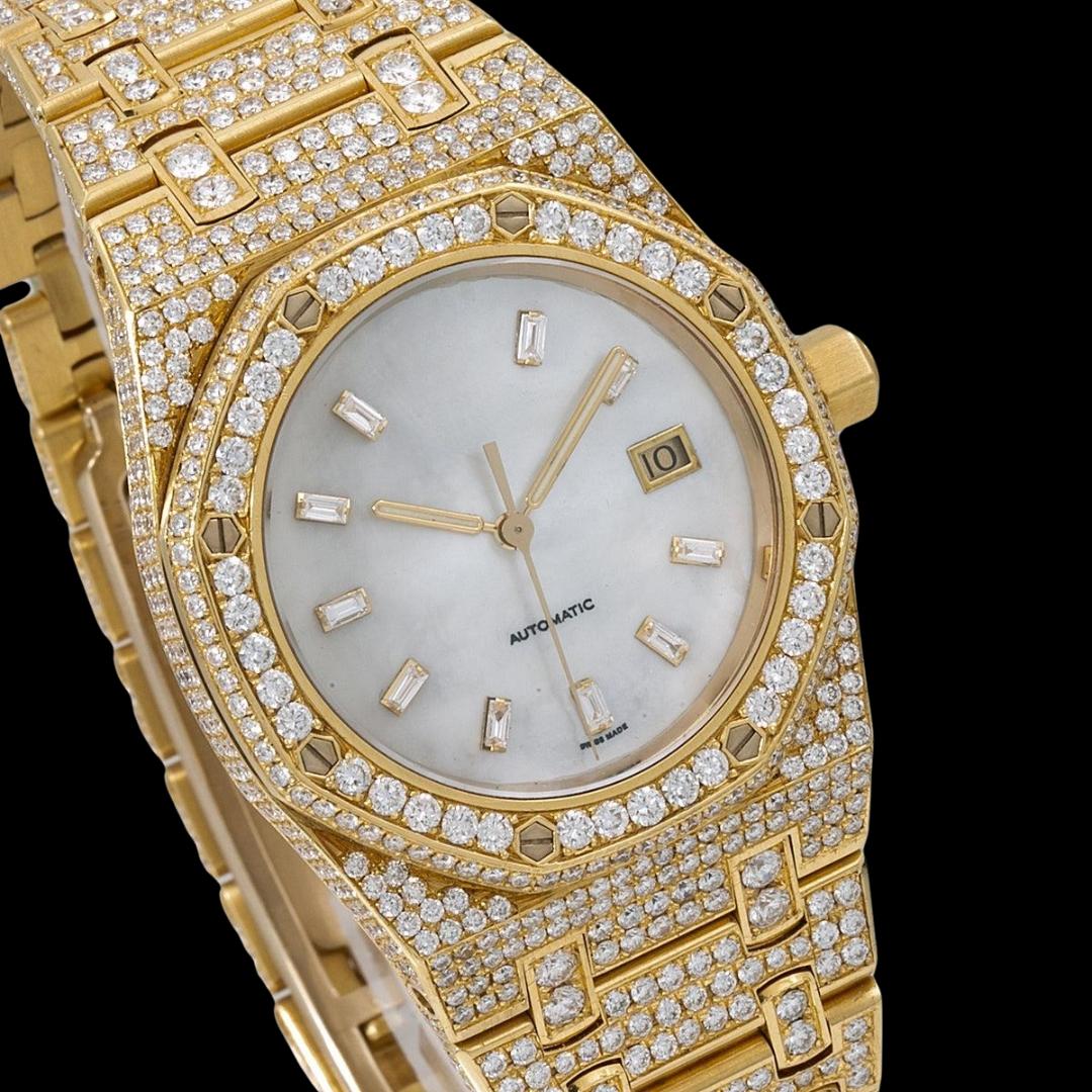 AP Royal Oak Mother of Pearl Dial Diamond Markers Fully Iced Out Rose Gold Moissanite Watch Close Up Dial View