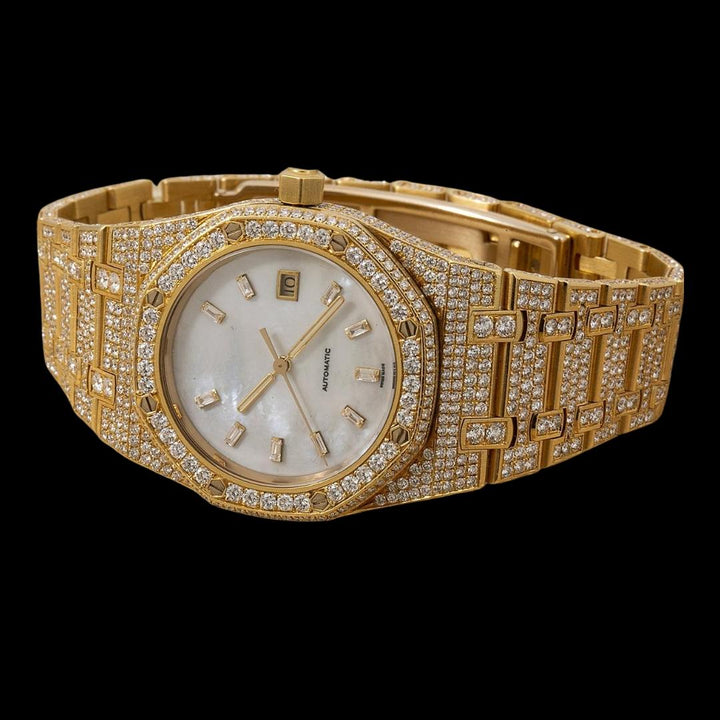 AP Royal Oak Mother of Pearl Dial Diamond Markers Fully Iced Out Rose Gold Moissanite Watch Close Up Front View