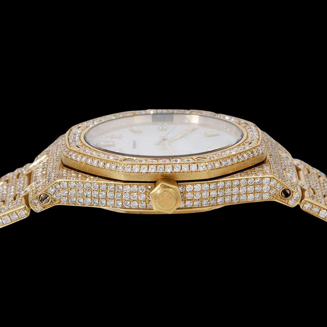 AP Royal Oak Mother of Pearl Dial Diamond Markers Fully Iced Out Rose Gold Moissanite Watch Crown View