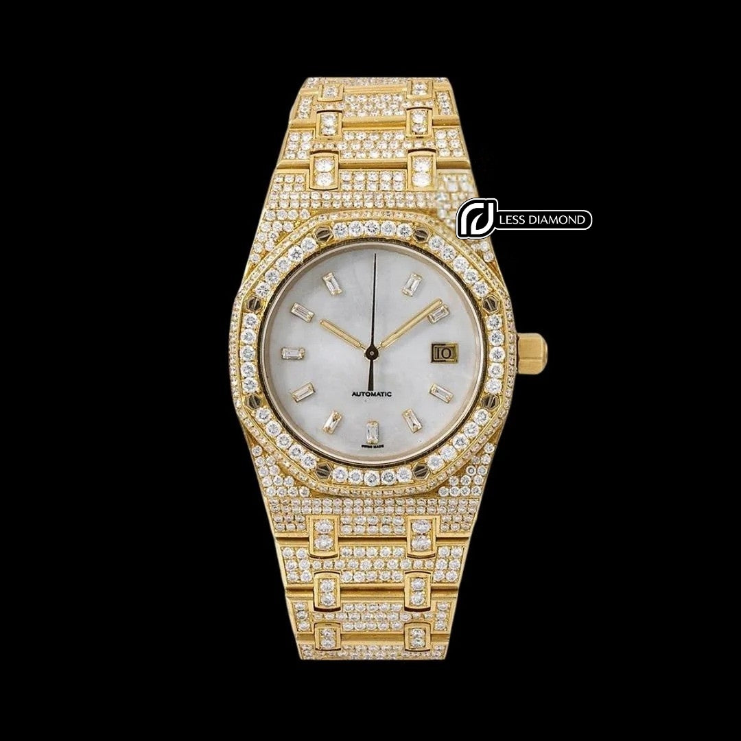 AP Royal Oak Mother of Pearl Dial Diamond Markers Fully Iced Out Rose Gold Moissanite Watch Front View