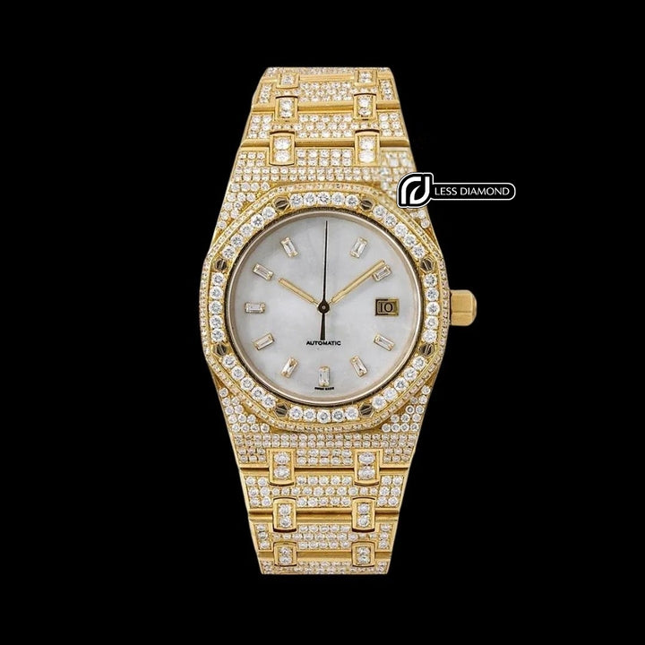 AP Royal Oak Mother of Pearl Dial Diamond Markers Fully Iced Out Rose Gold Moissanite Watch Front View