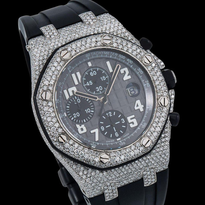 AP Royal Oak Offshore Black Chronograph Dial Standard Numerals Semi Iced Moissanite Watch Close Up Dial View