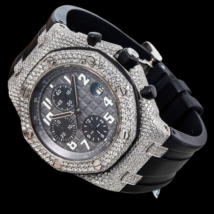 AP Royal Oak Offshore Black Chronograph Dial Standard Numerals Semi Iced Moissanite Watch Close Up Front View