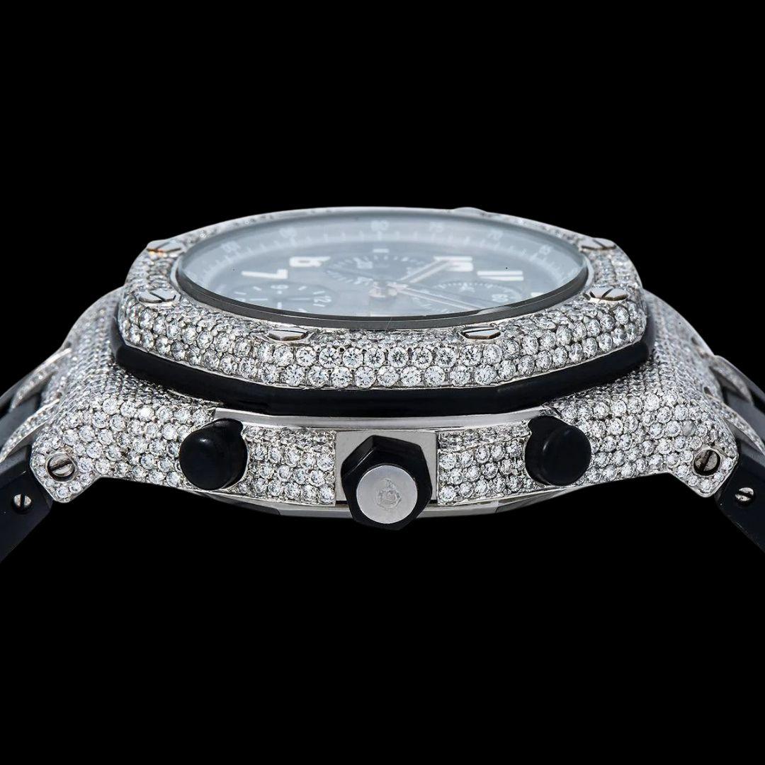 AP Royal Oak Offshore Black Chronograph Dial Standard Numerals Semi Iced Moissanite Watch Crown View