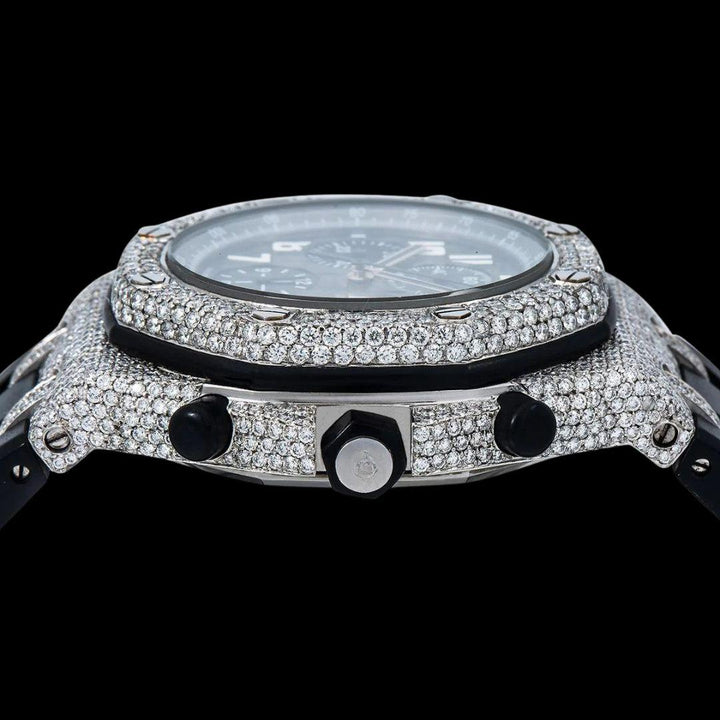 AP Royal Oak Offshore Black Chronograph Dial Standard Numerals Semi Iced Moissanite Watch Crown View