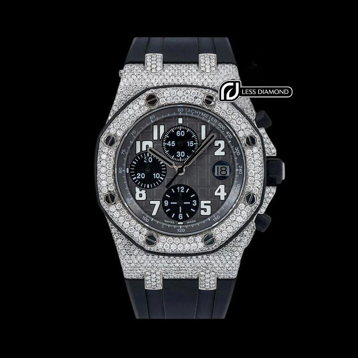 AP Royal Oak Offshore Black Chronograph Dial Standard Numerals Semi Iced Moissanite Watch Front View
