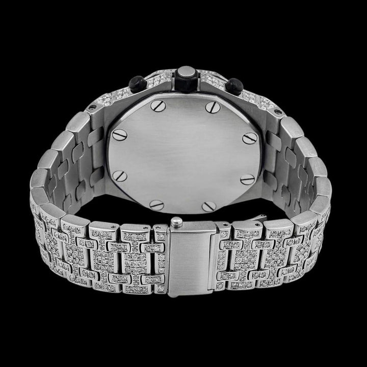 AP Royal Oak Offshore Black Dial White Chronograph Fully Iced Out Moissanite Watch Caseback View