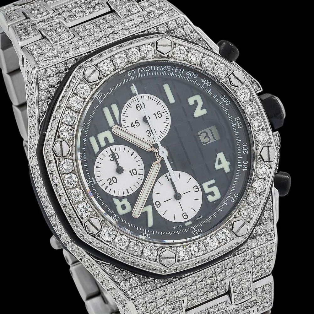 AP Royal Oak Offshore Black Dial White Chronograph Fully Iced Out Moissanite Watch Close Up Dial View