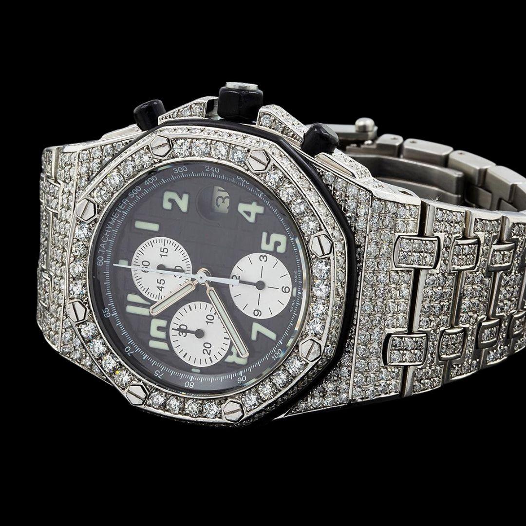 AP Royal Oak Offshore Black Dial White Chronograph Fully Iced Out Moissanite Watch Close Up Front View