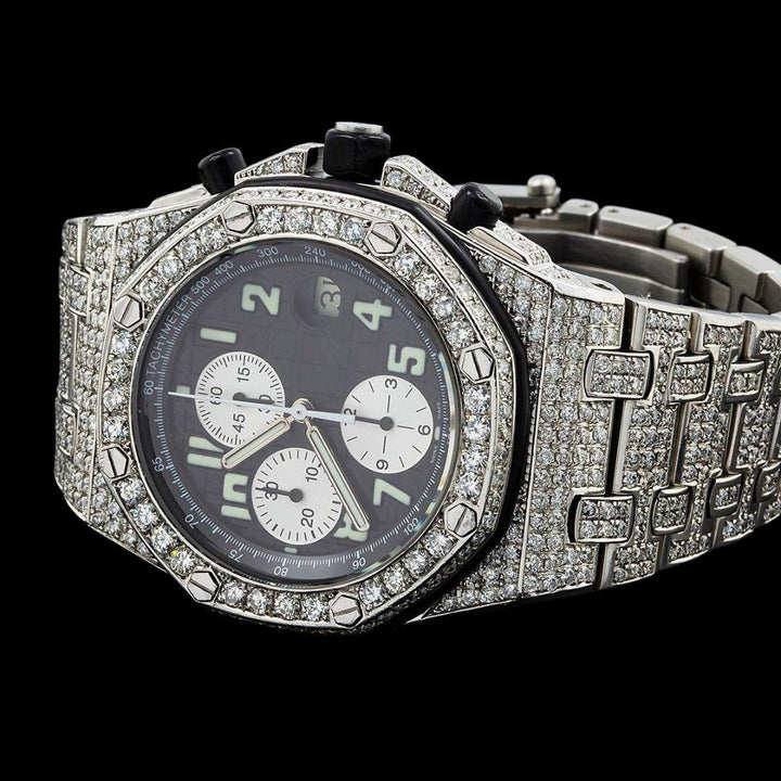 AP Royal Oak Offshore Black Dial White Chronograph Fully Iced Out Moissanite Watch Close Up Front View