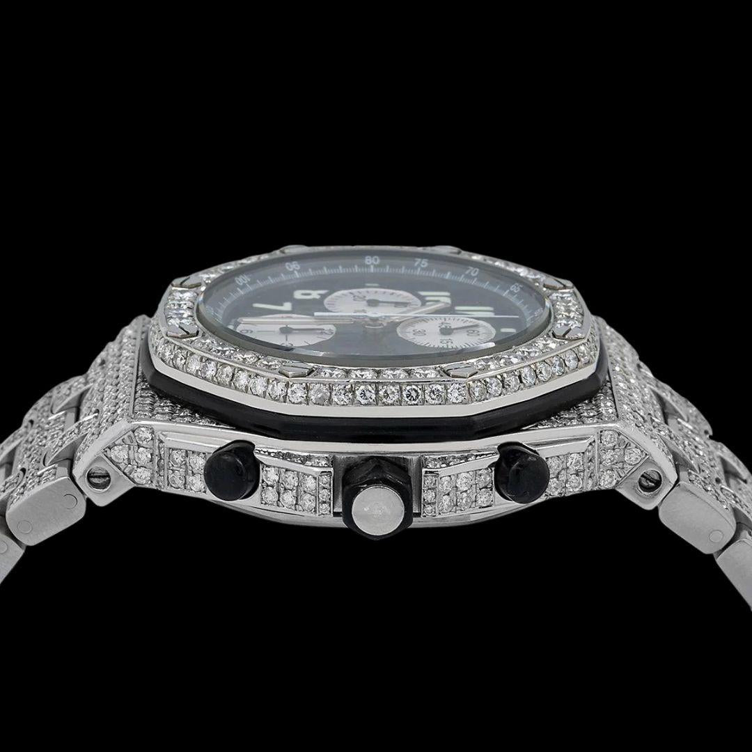 AP Royal Oak Offshore Black Dial White Chronograph Fully Iced Out Moissanite Watch Crown View