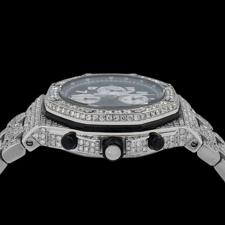AP Royal Oak Offshore Black Dial White Chronograph Fully Iced Out Moissanite Watch Crown View