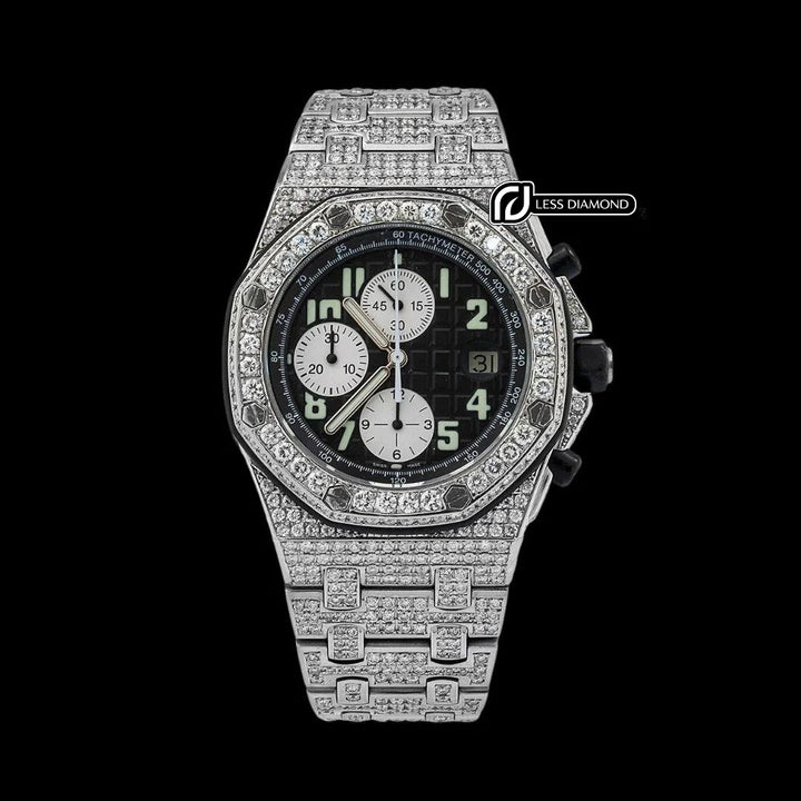 AP Royal Oak Offshore Black Dial White Chronograph Fully Iced Out Moissanite Watch Front View