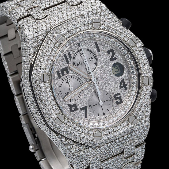 AP Royal Oak Offshore Black Standard Numerals Chronograph Dial Fully Iced Out Moissanite Watch Close Up Dial View