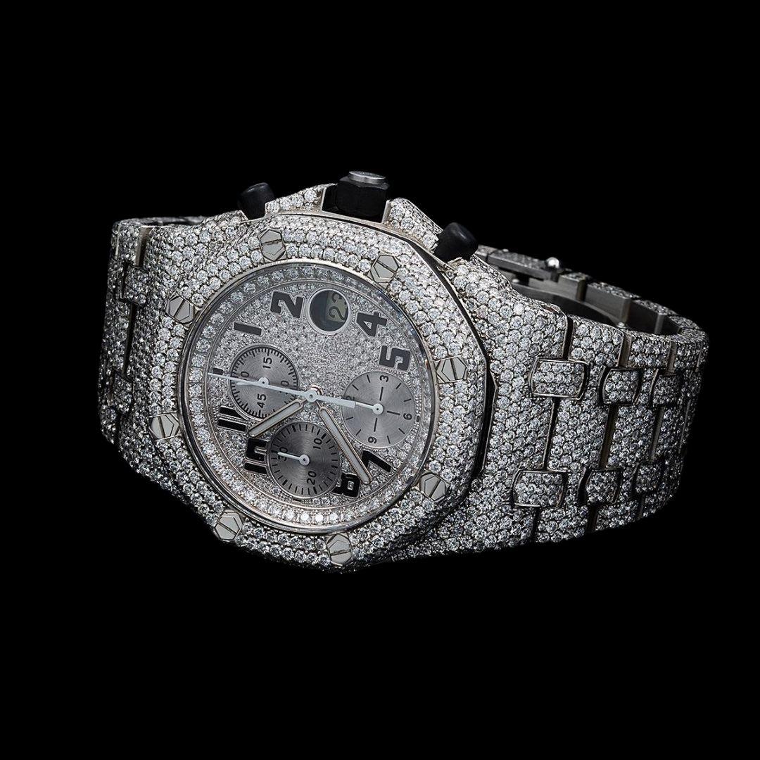 AP Royal Oak Offshore Black Standard Numerals Chronograph Dial Fully Iced Out Moissanite Watch Close Up Front View