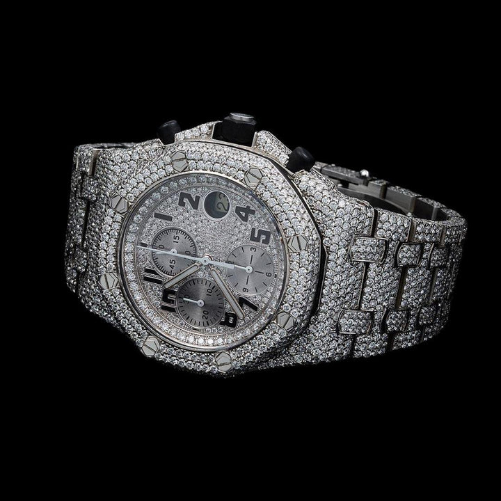 AP Royal Oak Offshore Black Standard Numerals Chronograph Dial Fully Iced Out Moissanite Watch Close Up Front View
