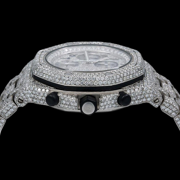 AP Royal Oak Offshore Black Standard Numerals Chronograph Dial Fully Iced Out Moissanite Watch Crown View