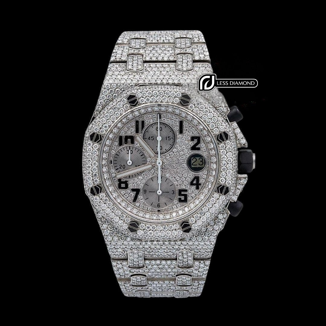 AP Royal Oak Offshore Black Standard Numerals Chronograph Dial Fully Iced Out Moissanite Watch Front View