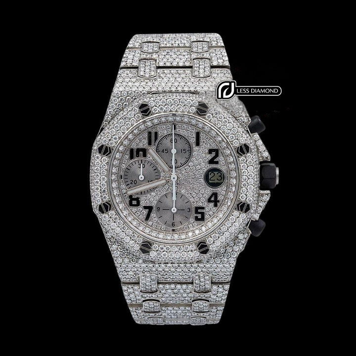 AP Royal Oak Offshore Black Standard Numerals Chronograph Dial Fully Iced Out Moissanite Watch Front View