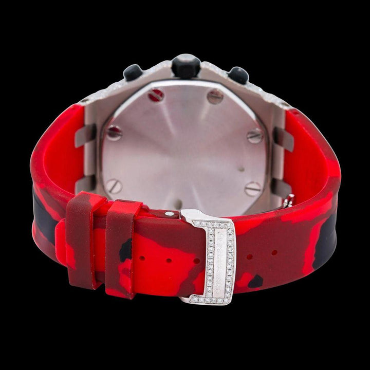 AP Royal Oak Offshore Chronograph Dial Red Standard Numerals Red Camo Rubber Strap Semi Iced Out Watch Caseback View