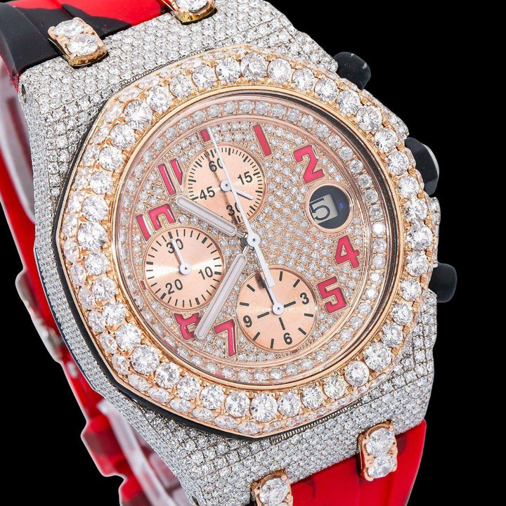 AP Royal Oak Offshore Chronograph Dial Red Standard Numerals Red Camo Rubber Strap Semi Iced Out Watch Close Up Dial View