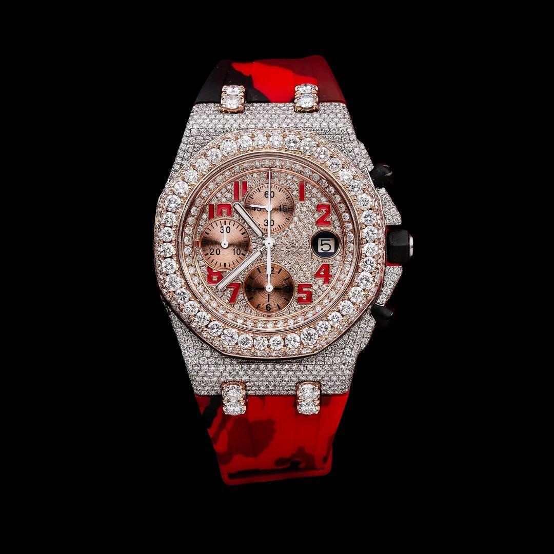 AP Royal Oak Offshore Chronograph Dial Red Standard Numerals Red Camo Rubber Strap Semi Iced Out Watch Close Up Front View