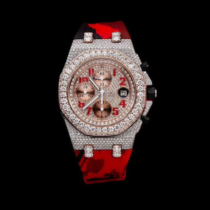 AP Royal Oak Offshore Chronograph Dial Red Standard Numerals Red Camo Rubber Strap Semi Iced Out Watch Close Up Front View