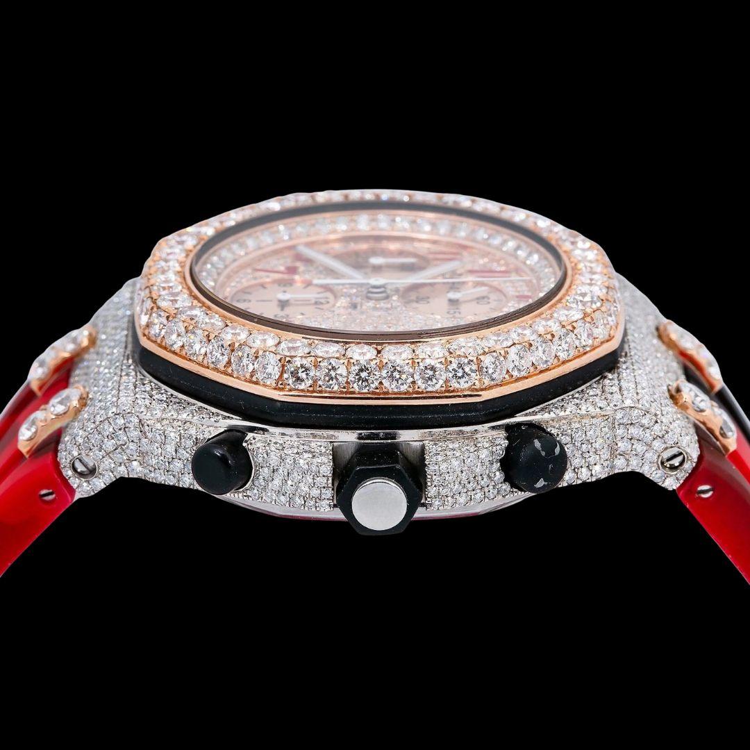 AP Royal Oak Offshore Chronograph Dial Red Standard Numerals Red Camo Rubber Strap Semi Iced Out Watch Crown View