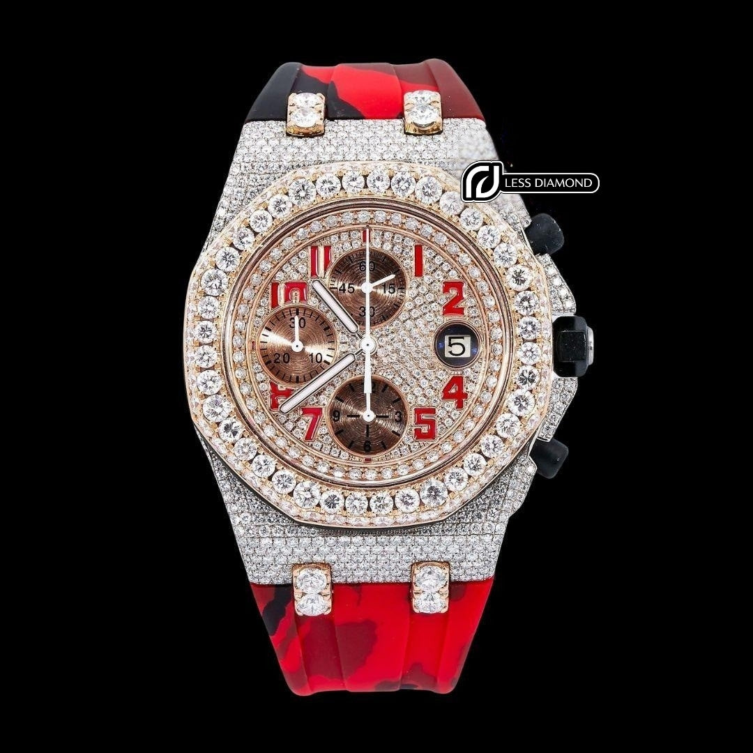 AP Royal Oak Offshore Chronograph Dial Red Standard Numerals Red Camo Rubber Strap Semi Iced Out Watch Front View