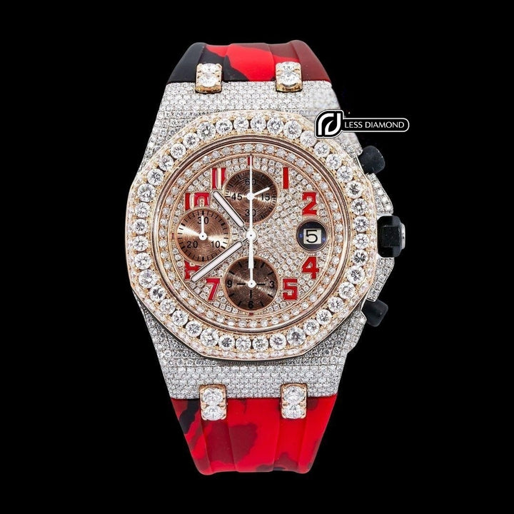 AP Royal Oak Offshore Chronograph Dial Red Standard Numerals Red Camo Rubber Strap Semi Iced Out Watch Front View