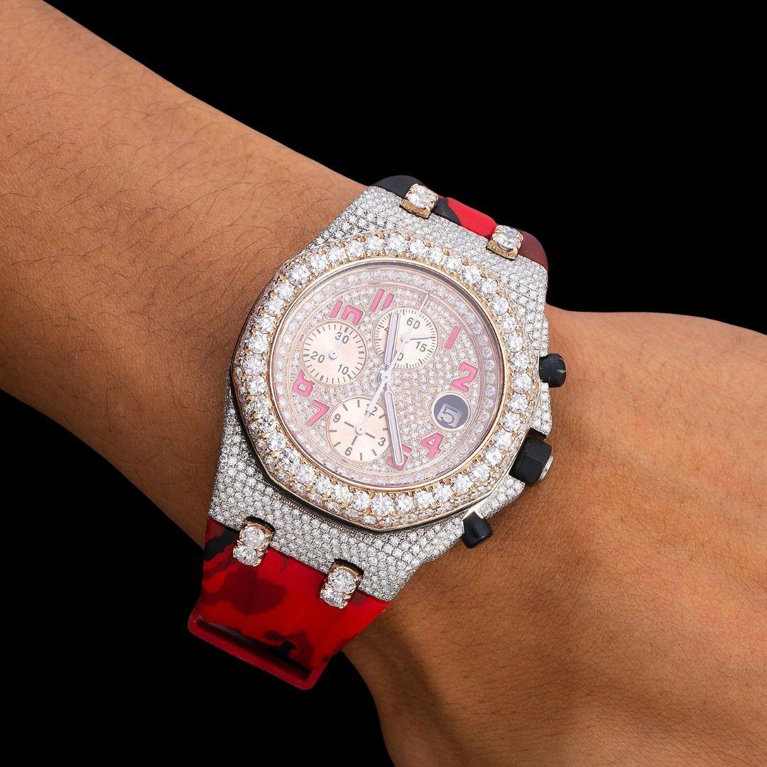 AP Royal Oak Offshore Chronograph Dial Red Standard Numerals Red Camo Rubber Strap Semi Iced Out Watch On Wrist View