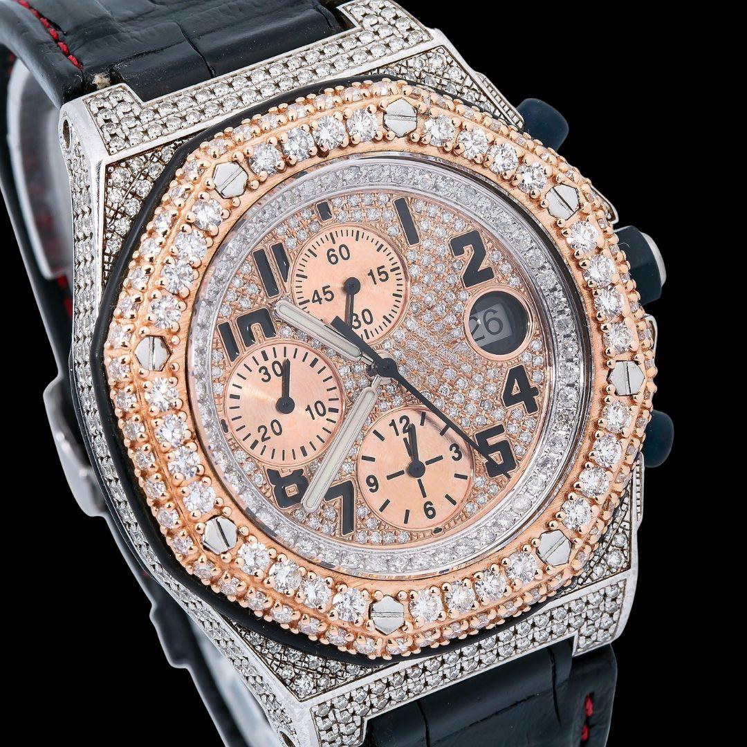 AP Royal Oak Offshore Chronograph Dial Standard Numerals Black Leather Strap Semi Iced Out Watch Close Up Dial View