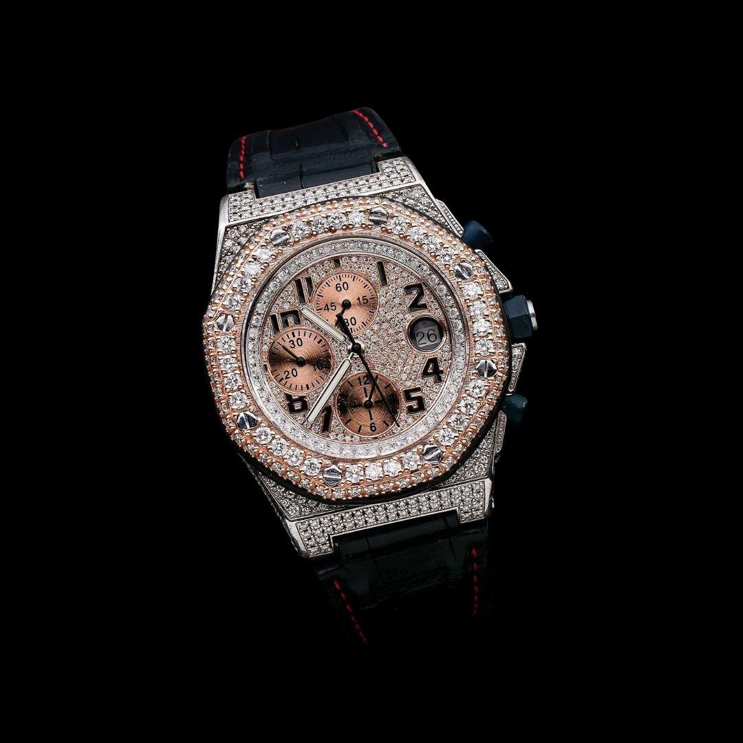AP Royal Oak Offshore Chronograph Dial Standard Numerals Black Leather Strap Semi Iced Out Watch Close Up Front View