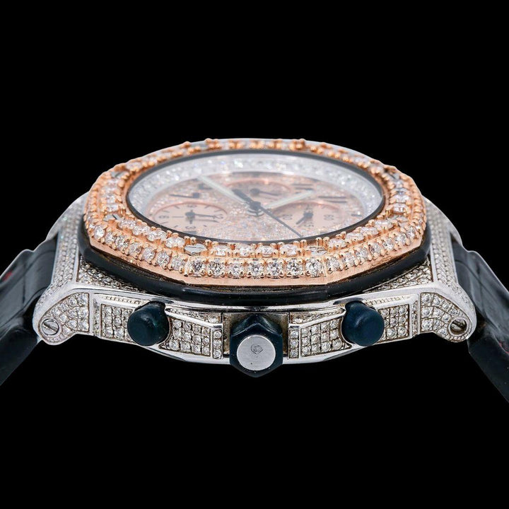 AP Royal Oak Offshore Chronograph Dial Standard Numerals Black Leather Strap Semi Iced Out Watch Crown View