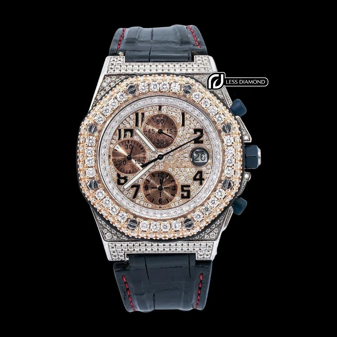 AP Royal Oak Offshore Chronograph Dial Standard Numerals Black Leather Strap Semi Iced Out Watch Front View
