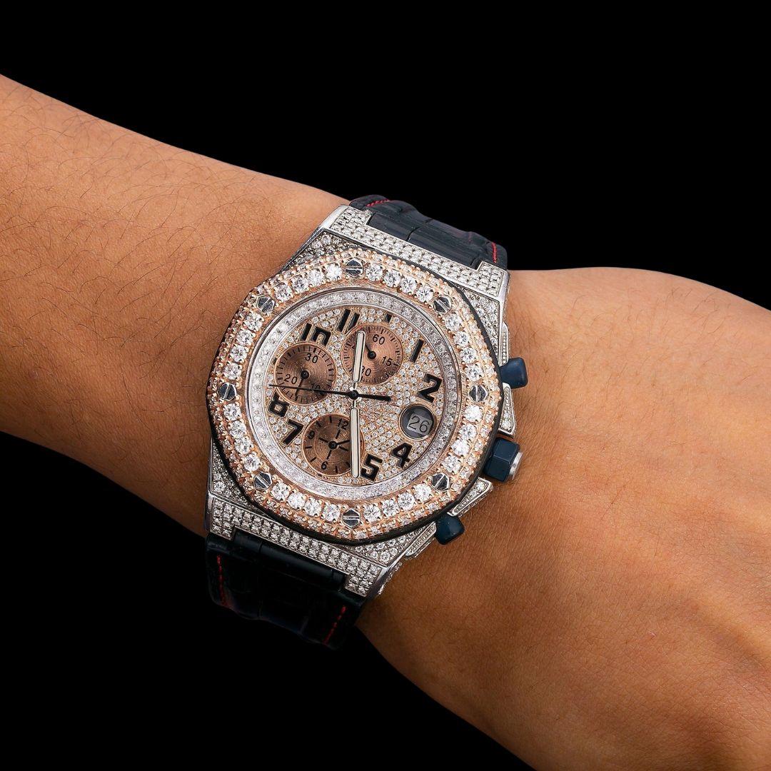 AP Royal Oak Offshore Chronograph Dial Standard Numerals Black Leather Strap Semi Iced Out Watch On Wrist View